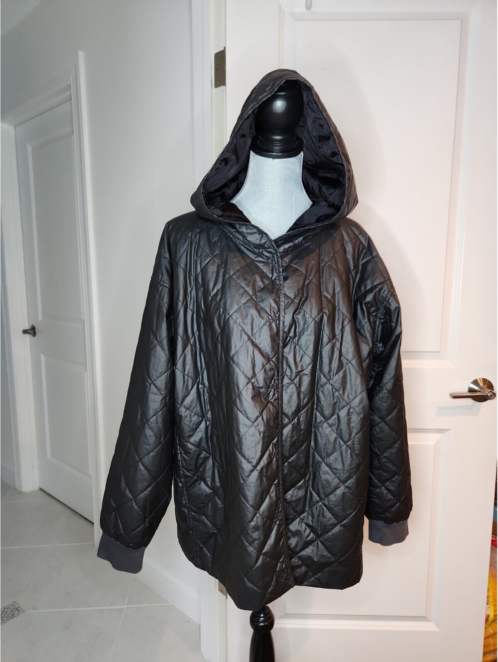 Eileen Fisher Organic Cotton/Nylon Jacket Coat Hooded Women's Sz XL Black Luxury